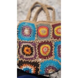 Cottagecore Multicolor Crochet Granny Square Boho Patchwork cotton lined tote